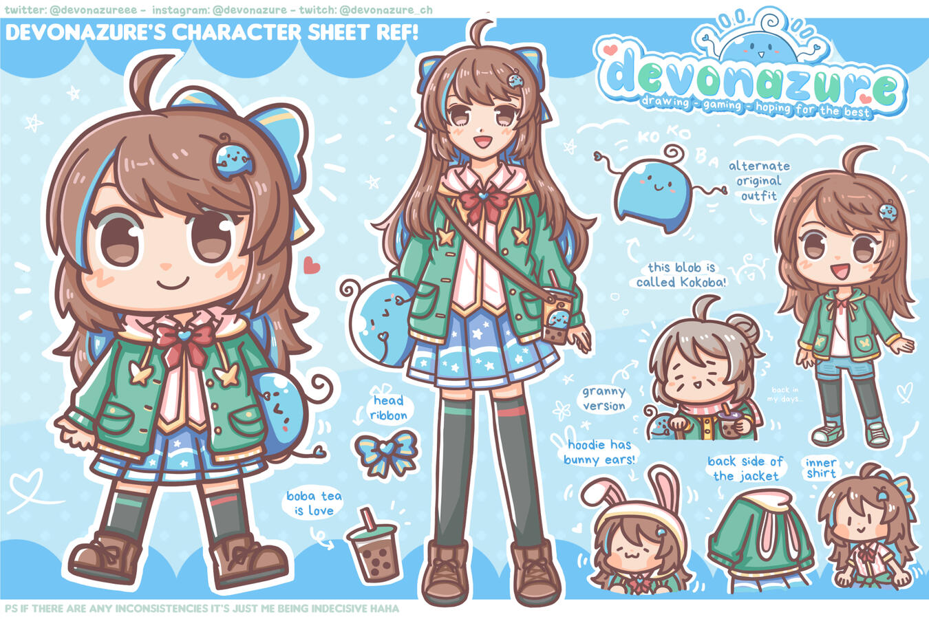 My character sheet design! The blue blob is called Kokoba!